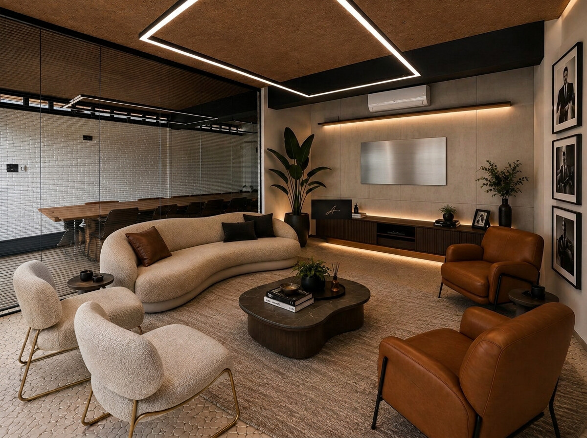 Lounge da AUTORE com poltronas de couro e luz dourada suave